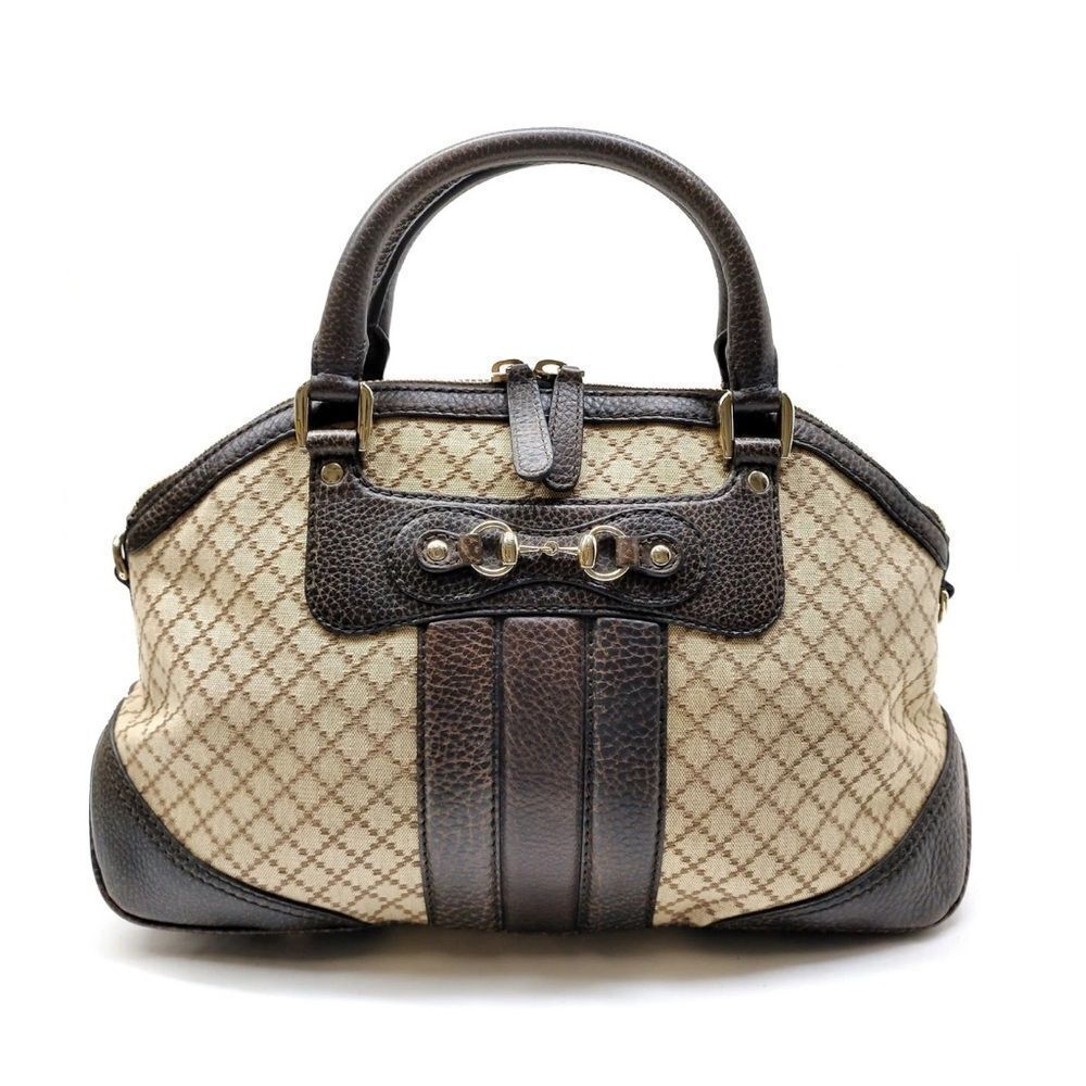 Auth GUCCI Brown Beige Canvas Brown Leather Diamanté Catherine Dome Handle Bag